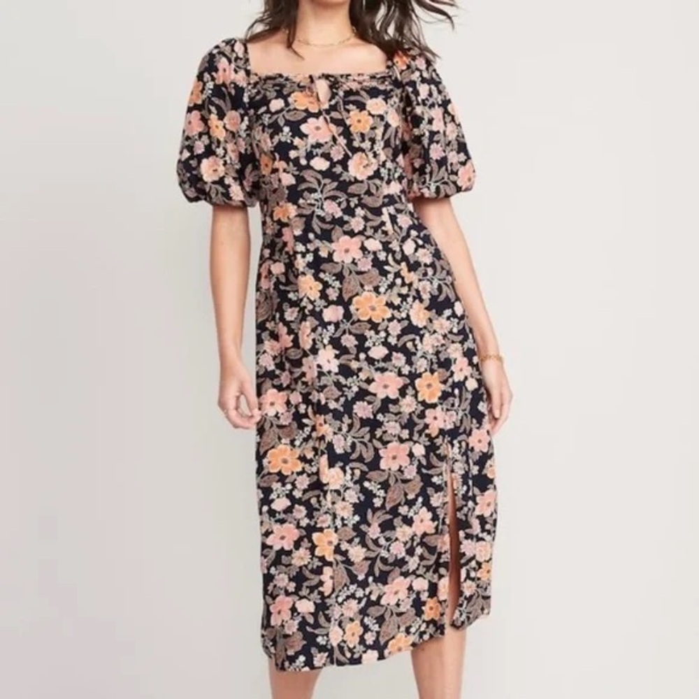 Old Navy Puff-Sleeve‎ Floral-Print Pintucked Smocked Midi Swing Dress SZ Large